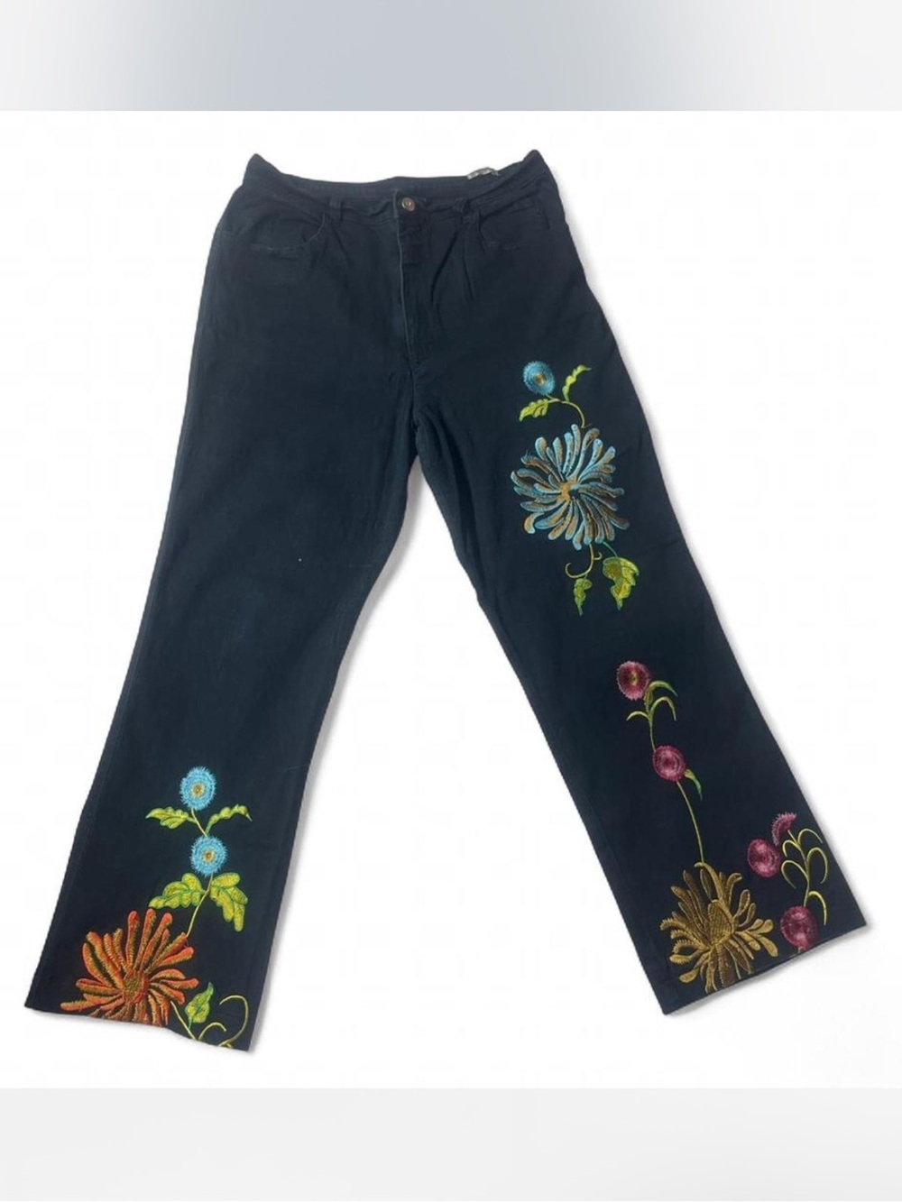 Black Wide-Leg Jeans with Multicolor Floral Embroidery